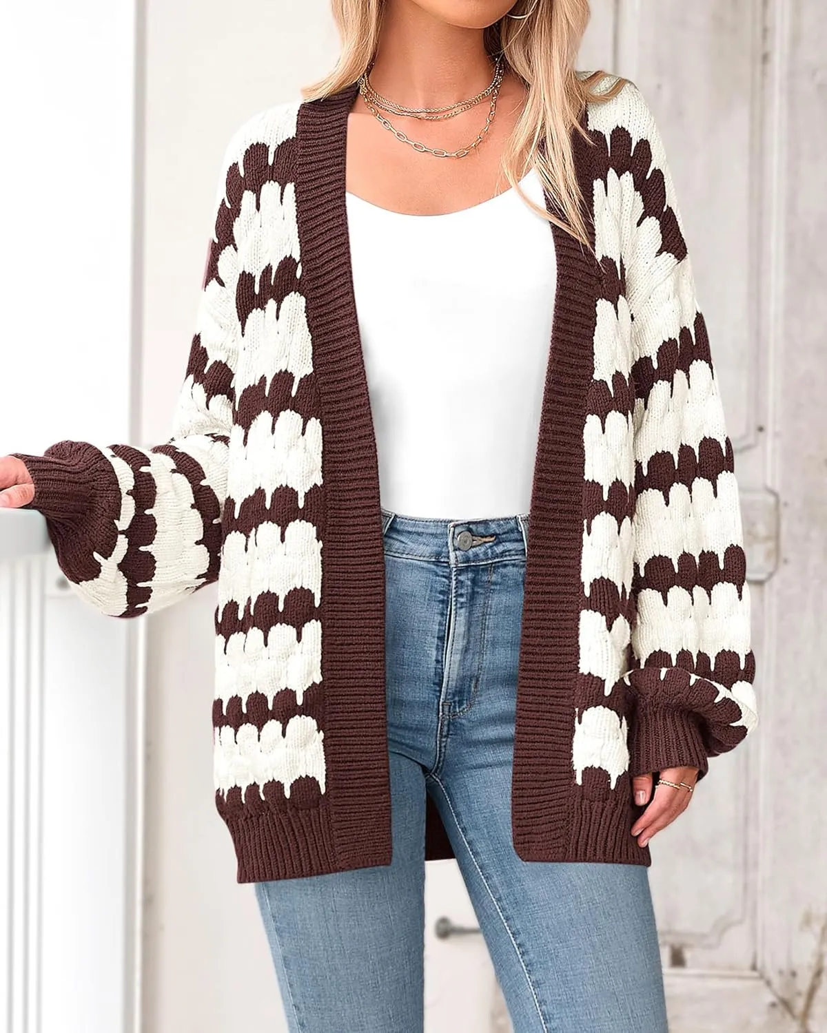 BTFBM Womens Open Front Cardigan Sweater 2024 Fall Winter Long Sleeve Loose Color Block Chunky Cable Knit Outerwear Coat