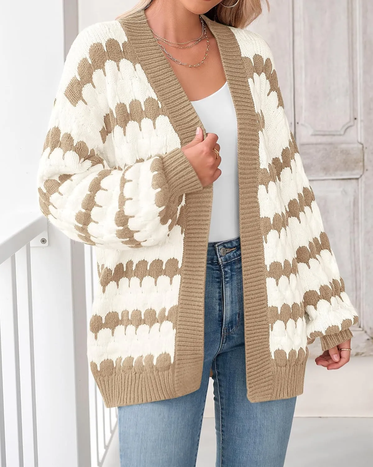 BTFBM Womens Open Front Cardigan Sweater 2024 Fall Winter Long Sleeve Loose Color Block Chunky Cable Knit Outerwear Coat
