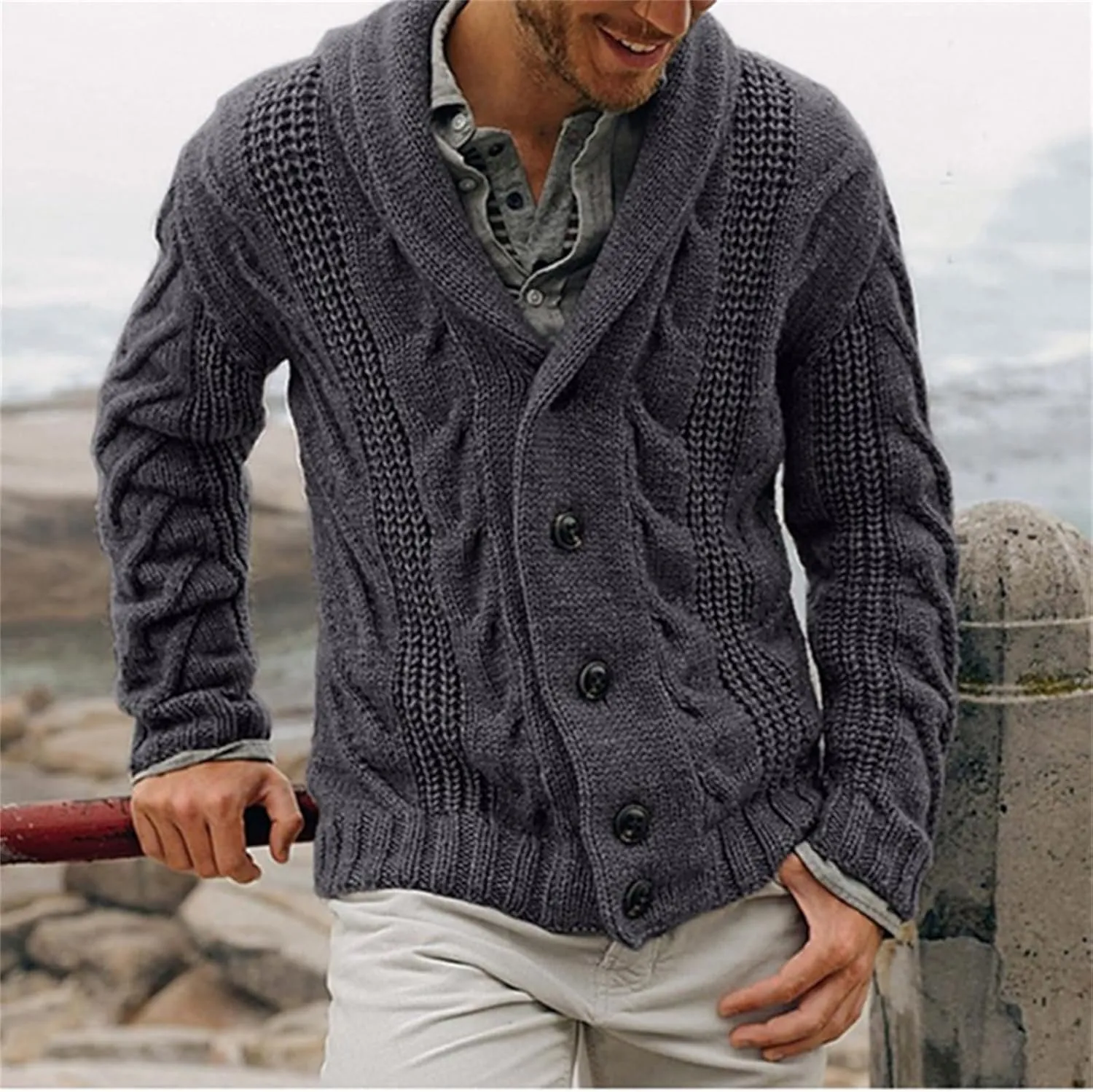 Button Down Cardigan Sweater Men Knit Cable Sweaters Oversized Fleece Cardigan Loose Casual Shirts Fall Winter Tops