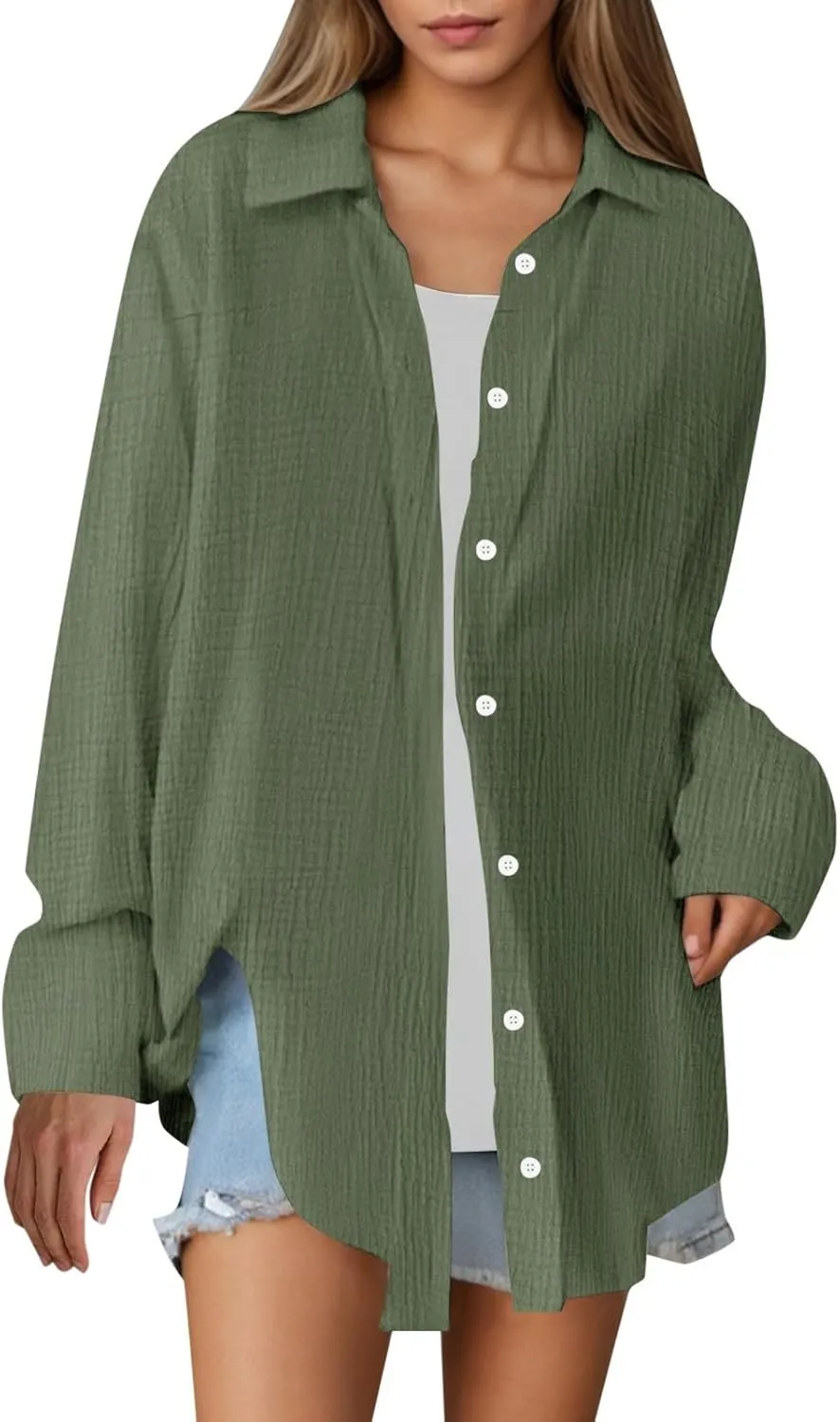 Button Down Sun Shirts for Women Long Sleeve Cardigan Blouse Oversized Boyfriend Beach Collared Cover Up with Pockets