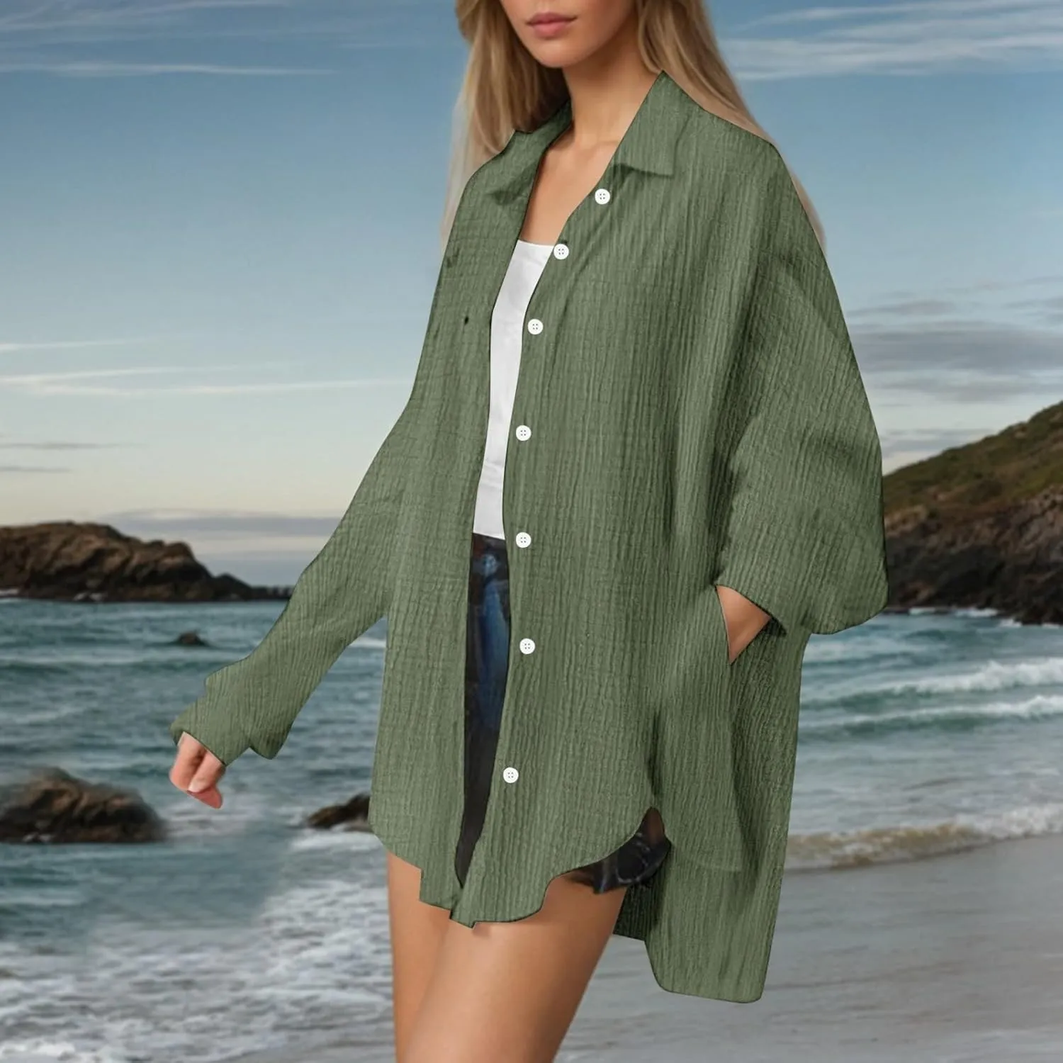 Button Down Sun Shirts for Women Long Sleeve Cardigan Blouse Oversized Boyfriend Beach Collared Cover Up with Pockets