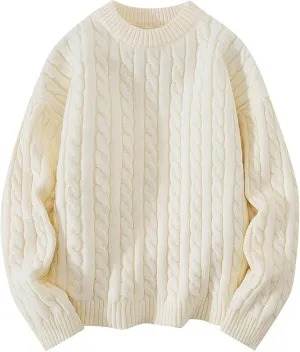 Cable Knit Vintage Chunky Sweater for Men Loose Casual Knitted Sweater Unisex Woven Crewneck Knitted Top