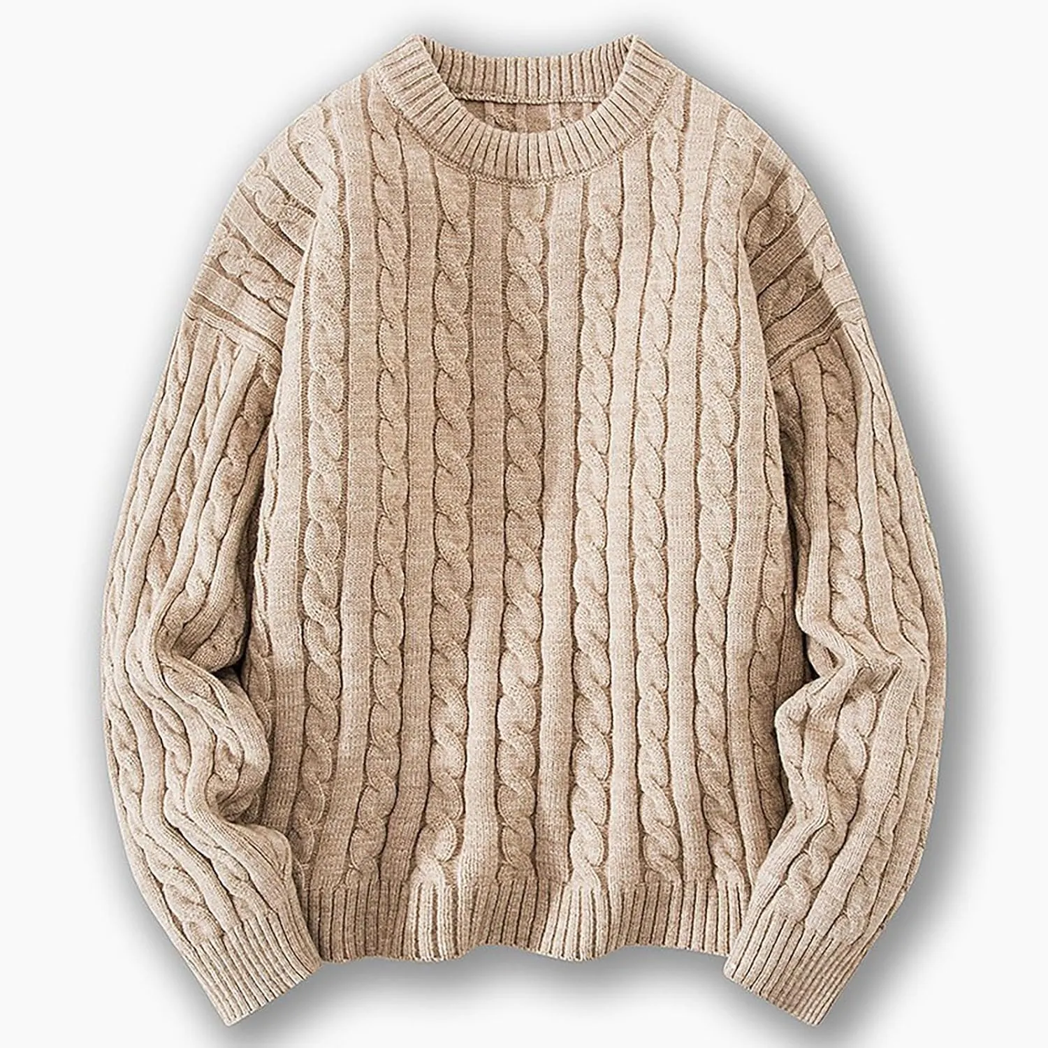 Cable Knit Vintage Chunky Sweater for Men Loose Casual Knitted Sweater Unisex Woven Crewneck Knitted Top