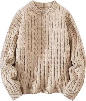 Cable Knit Vintage Chunky Sweater for Men Loose Casual Knitted Sweater Unisex Woven Crewneck Knitted Top