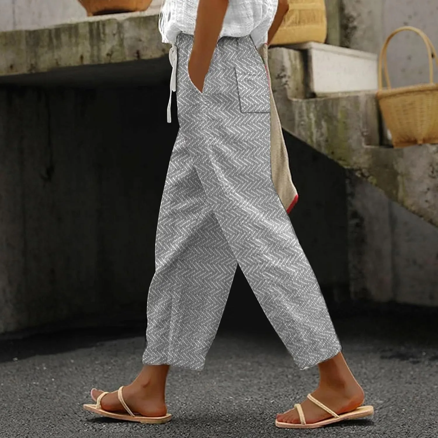 Capri Linen Pants for Women Drawstring Capri Pants with Pockets Wide Leg Cropped Pants for Women Womens Linen Pants