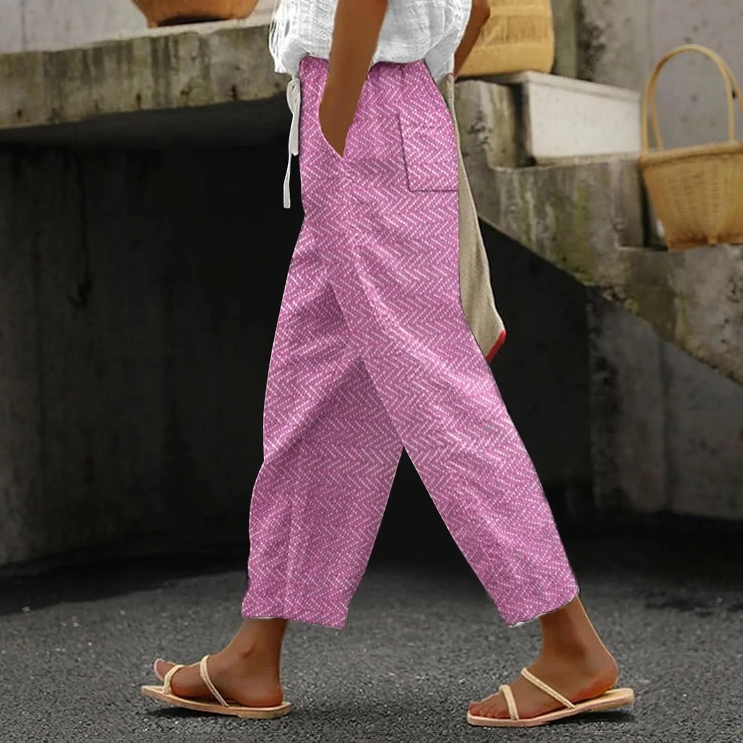 Capri Linen Pants for Women Drawstring Capri Pants with Pockets Wide Leg Cropped Pants for Women Womens Linen Pants