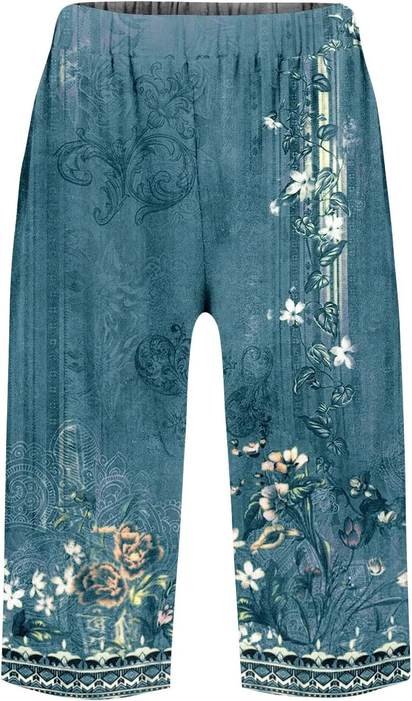 Capri Pants for Women Bermuda Shorts High Waisted Wide Leg Cropped Linen Pants Casual Palazzo Pant with Pockets