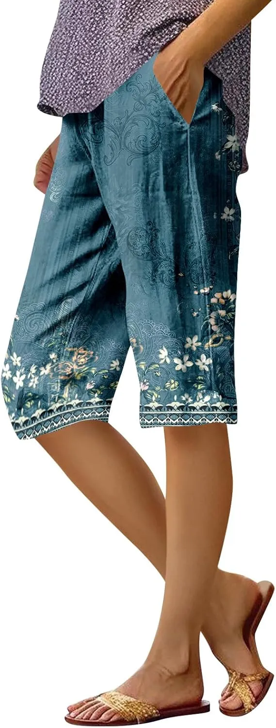 Capri Pants for Women Bermuda Shorts High Waisted Wide Leg Cropped Linen Pants Casual Palazzo Pant with Pockets