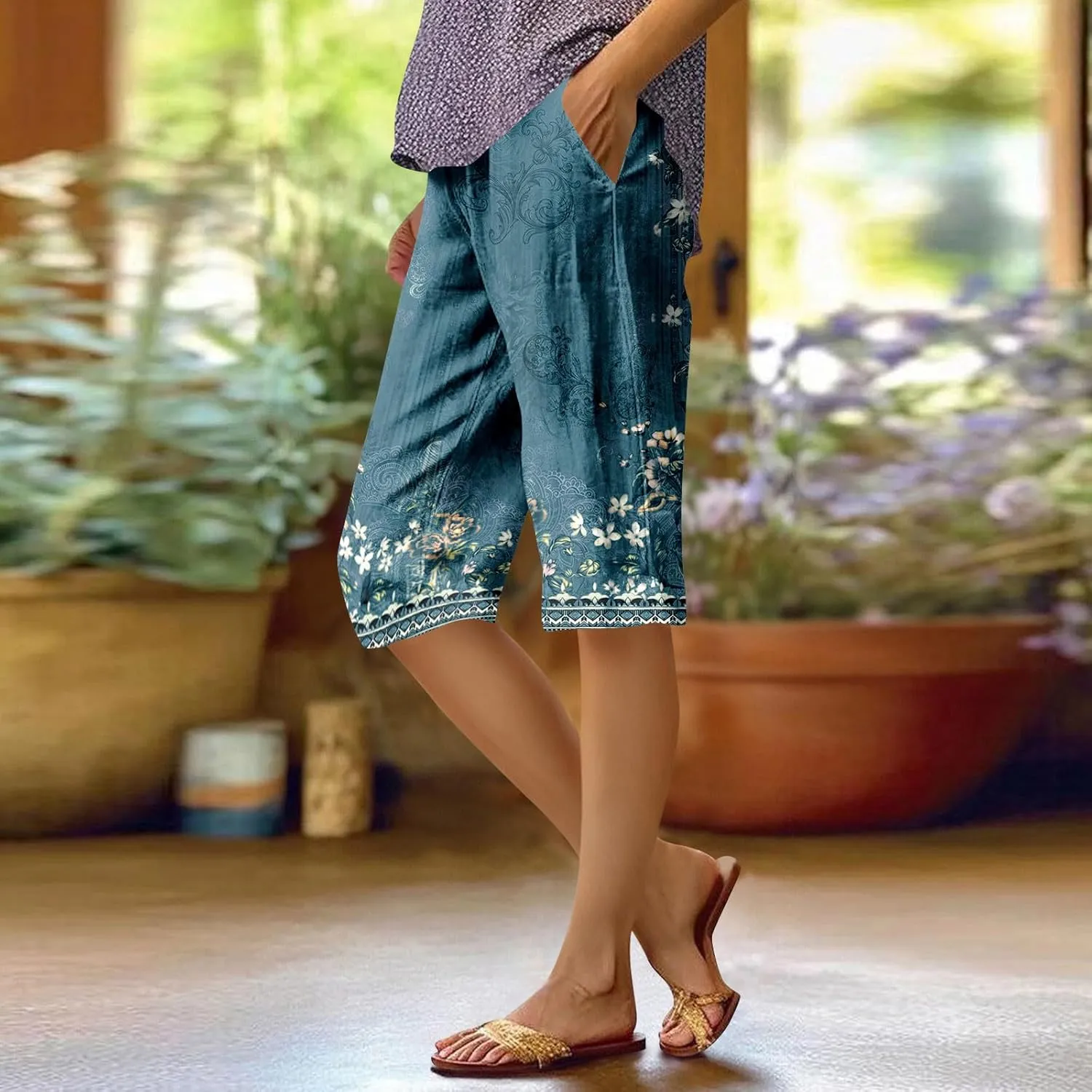 Capri Pants for Women Bermuda Shorts High Waisted Wide Leg Cropped Linen Pants Casual Palazzo Pant with Pockets