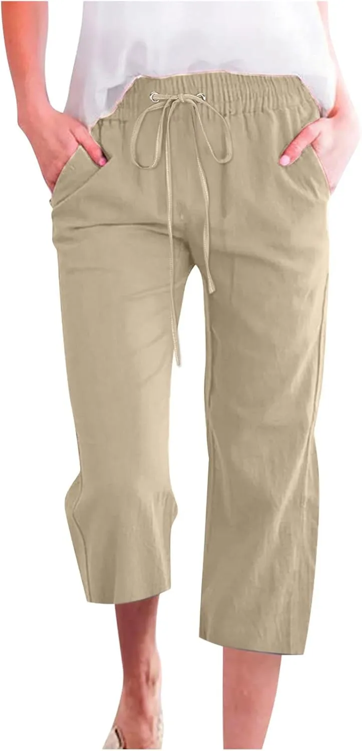 Capri Pants for Women Cotton Linen Casual Summer Wide Leg Loose Drawstring Elastic Waist Cropped Beach Vacation Clothes