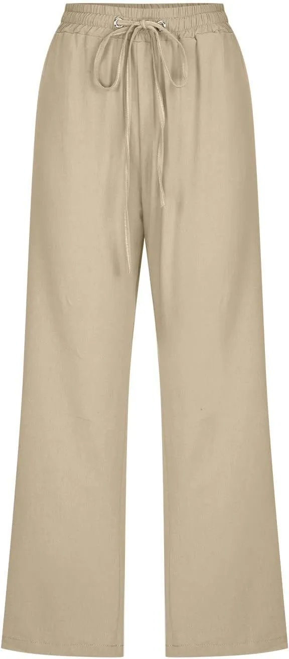 Capri Pants for Women Cotton Linen Casual Summer Wide Leg Loose Drawstring Elastic Waist Cropped Beach Vacation Clothes