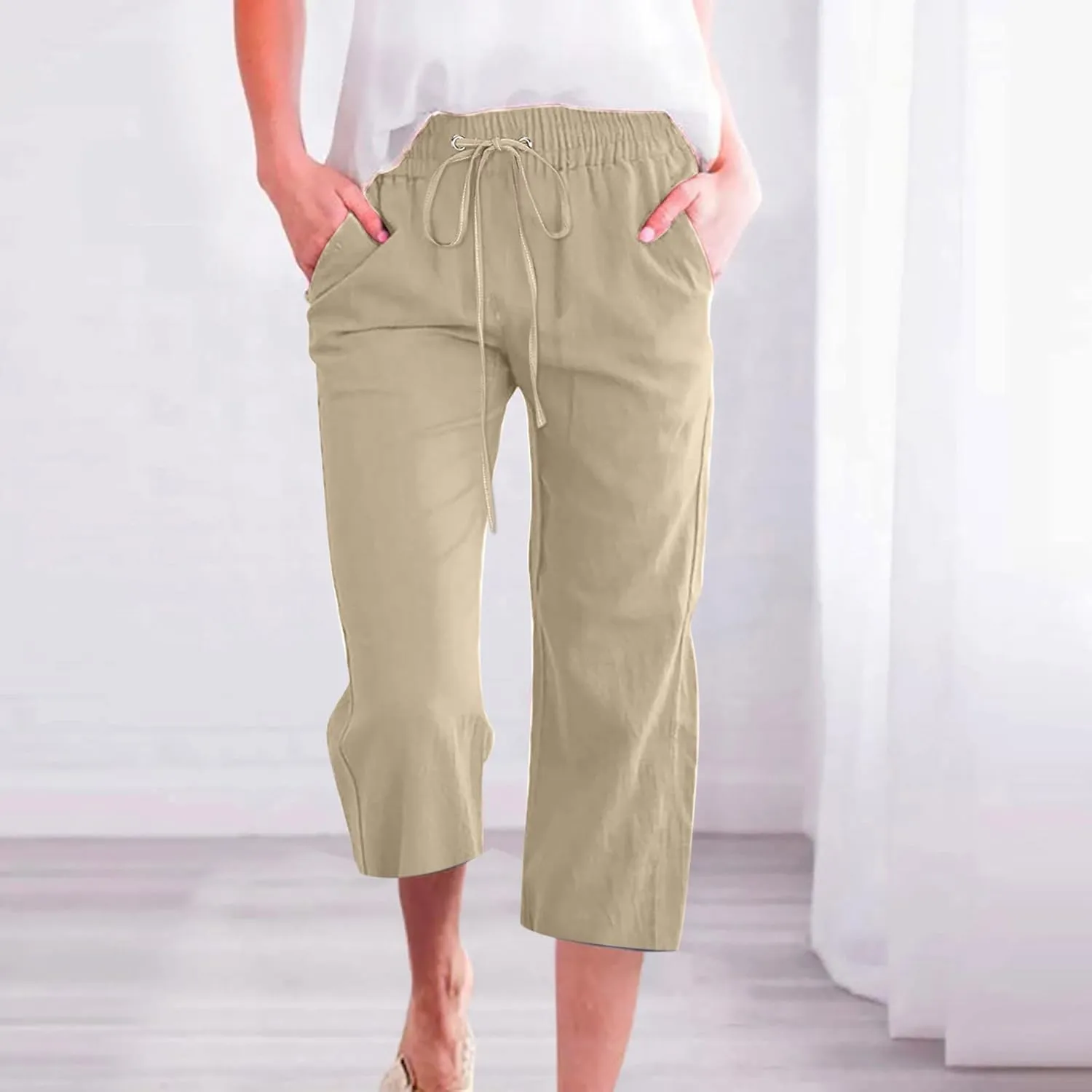 Capri Pants for Women Cotton Linen Casual Summer Wide Leg Loose Drawstring Elastic Waist Cropped Beach Vacation Clothes
