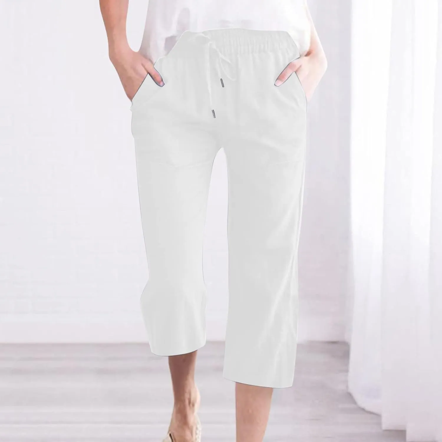 Capri Pants for Women Cotton Linen Casual Summer Wide Leg Loose Drawstring Elastic Waist Cropped Beach Vacation Clothes