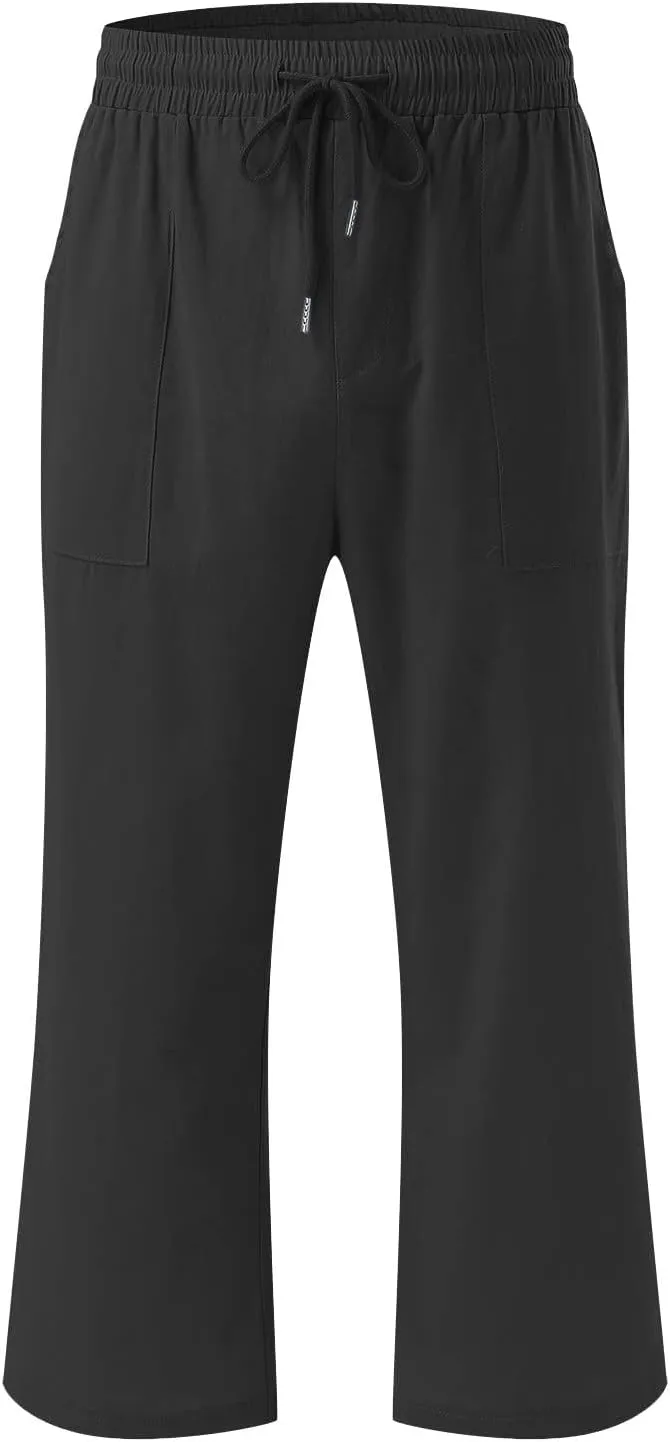 Capri Pants for Women Cotton Linen Casual Summer Wide Leg Loose Drawstring Elastic Waist Cropped Beach Vacation Clothes