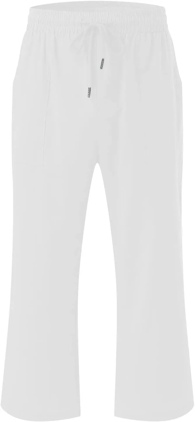 Capri Pants for Women Cotton Linen Casual Summer Wide Leg Loose Drawstring Elastic Waist Cropped Beach Vacation Clothes