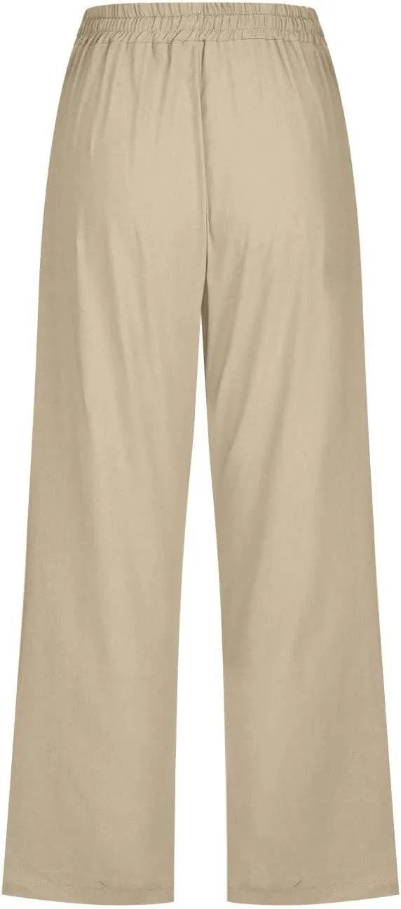 Capri Pants for Women Cotton Linen Casual Summer Wide Leg Loose Drawstring Elastic Waist Cropped Beach Vacation Clothes