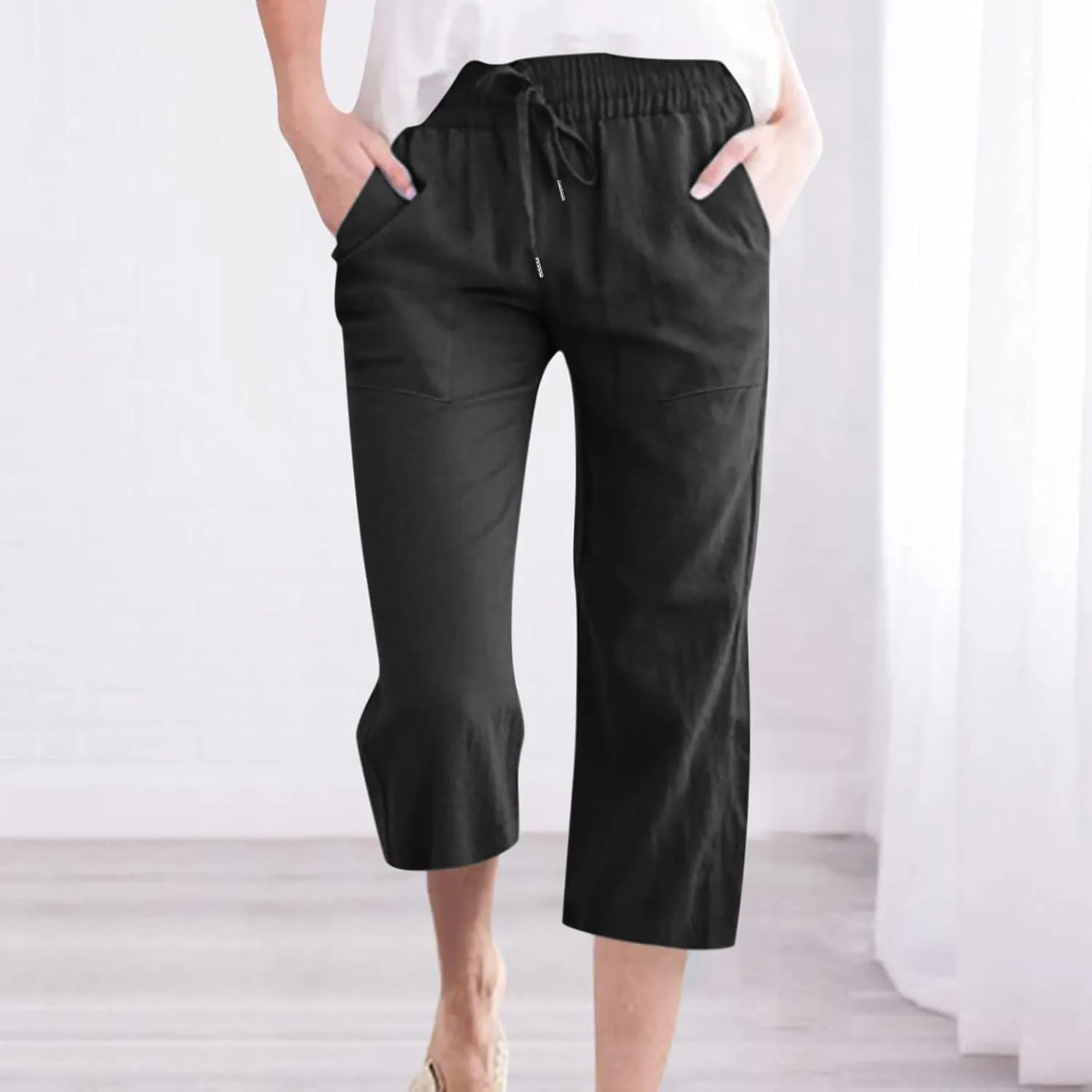Capri Pants for Women Cotton Linen Casual Summer Wide Leg Loose Drawstring Elastic Waist Cropped Beach Vacation Clothes