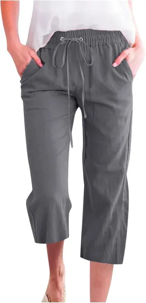 Capri Pants for Women Cotton Linen Casual Summer Wide Leg Loose Drawstring Elastic Waist Cropped Beach Vacation Clothes