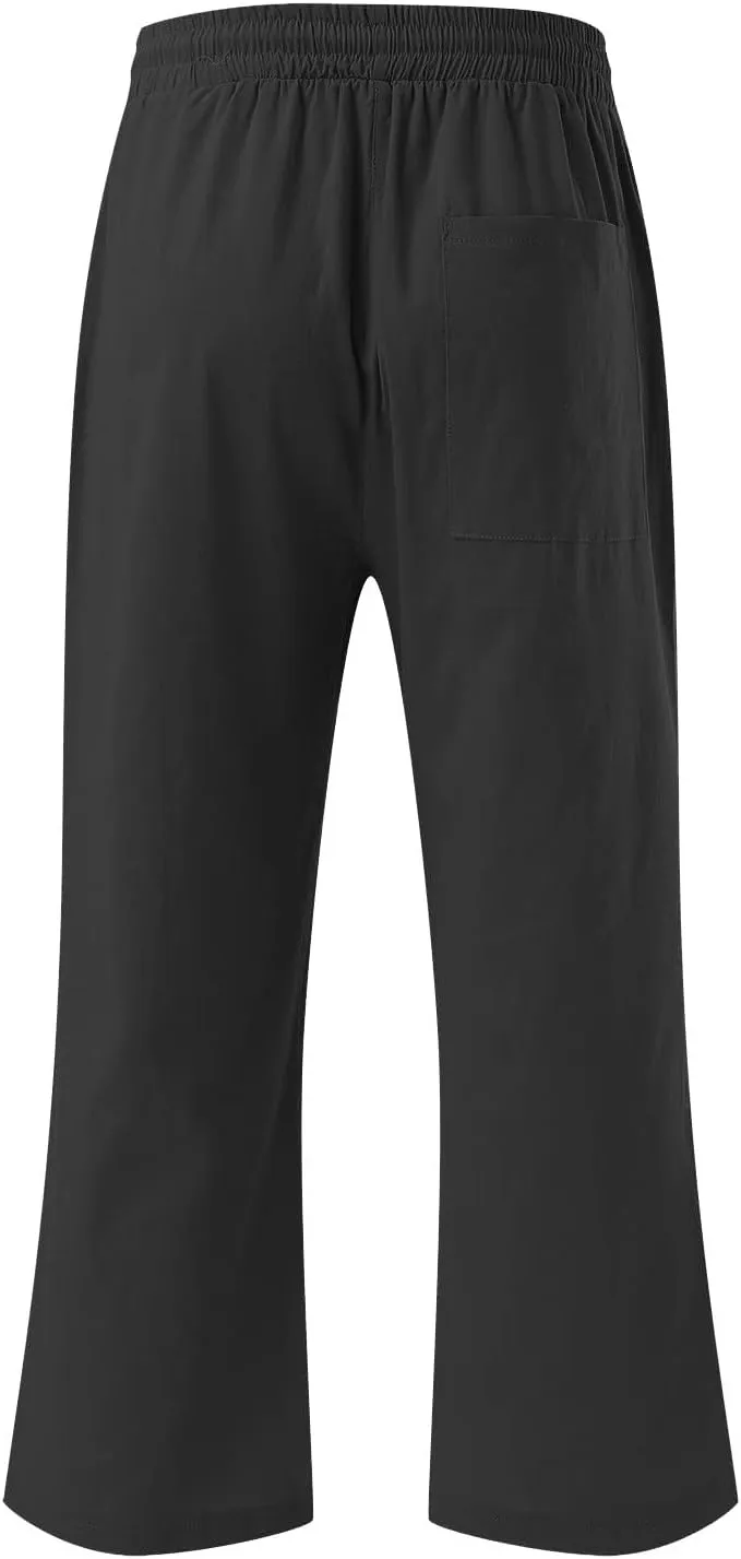 Capri Pants for Women Cotton Linen Casual Summer Wide Leg Loose Drawstring Elastic Waist Cropped Beach Vacation Clothes