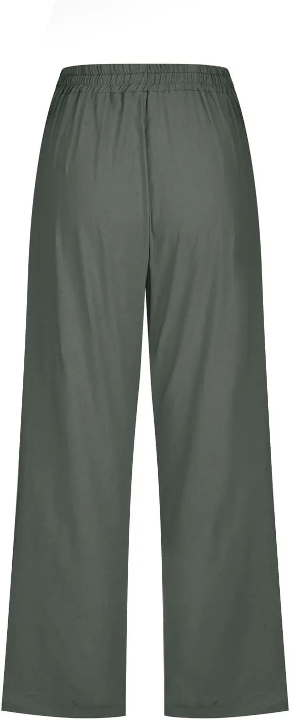 Capri Pants for Women Cotton Linen Casual Summer Wide Leg Loose Drawstring Elastic Waist Cropped Beach Vacation Clothes