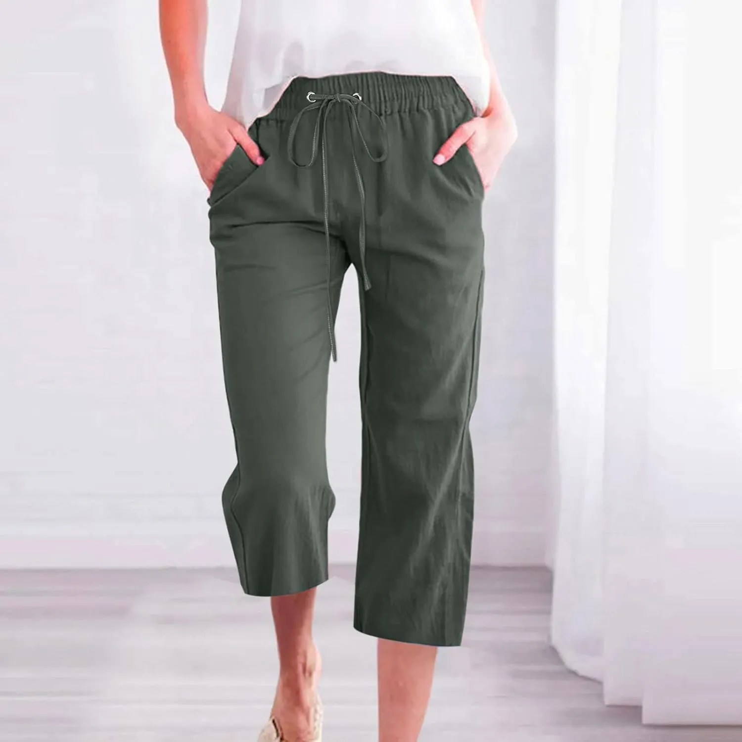 Capri Pants for Women Cotton Linen Casual Summer Wide Leg Loose Drawstring Elastic Waist Cropped Beach Vacation Clothes