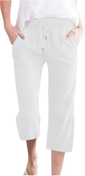 Capri Pants for Women Cotton Linen Casual Summer Wide Leg Loose Drawstring Elastic Waist Cropped Beach Vacation Clothes