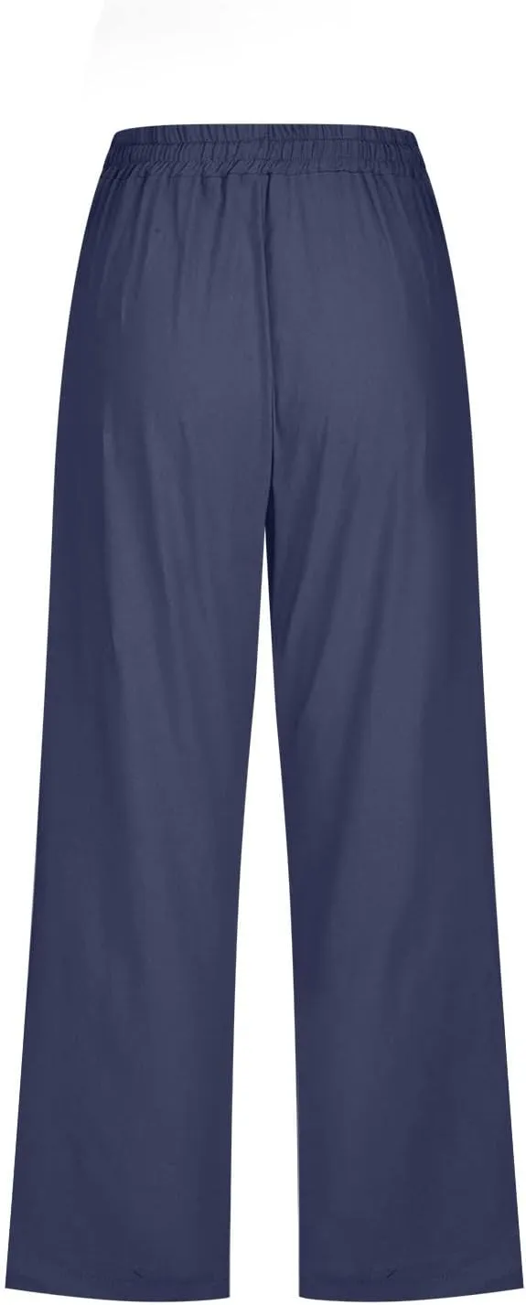 Capri Pants for Women Cotton Linen Casual Summer Wide Leg Loose Drawstring Elastic Waist Cropped Beach Vacation Clothes