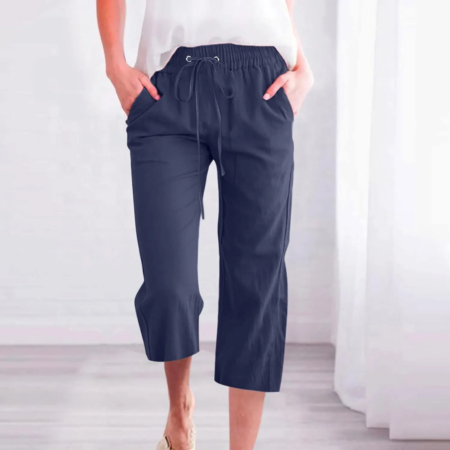 Capri Pants for Women Cotton Linen Casual Summer Wide Leg Loose Drawstring Elastic Waist Cropped Beach Vacation Clothes