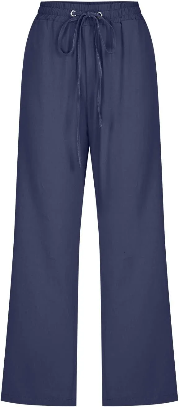 Capri Pants for Women Cotton Linen Casual Summer Wide Leg Loose Drawstring Elastic Waist Cropped Beach Vacation Clothes
