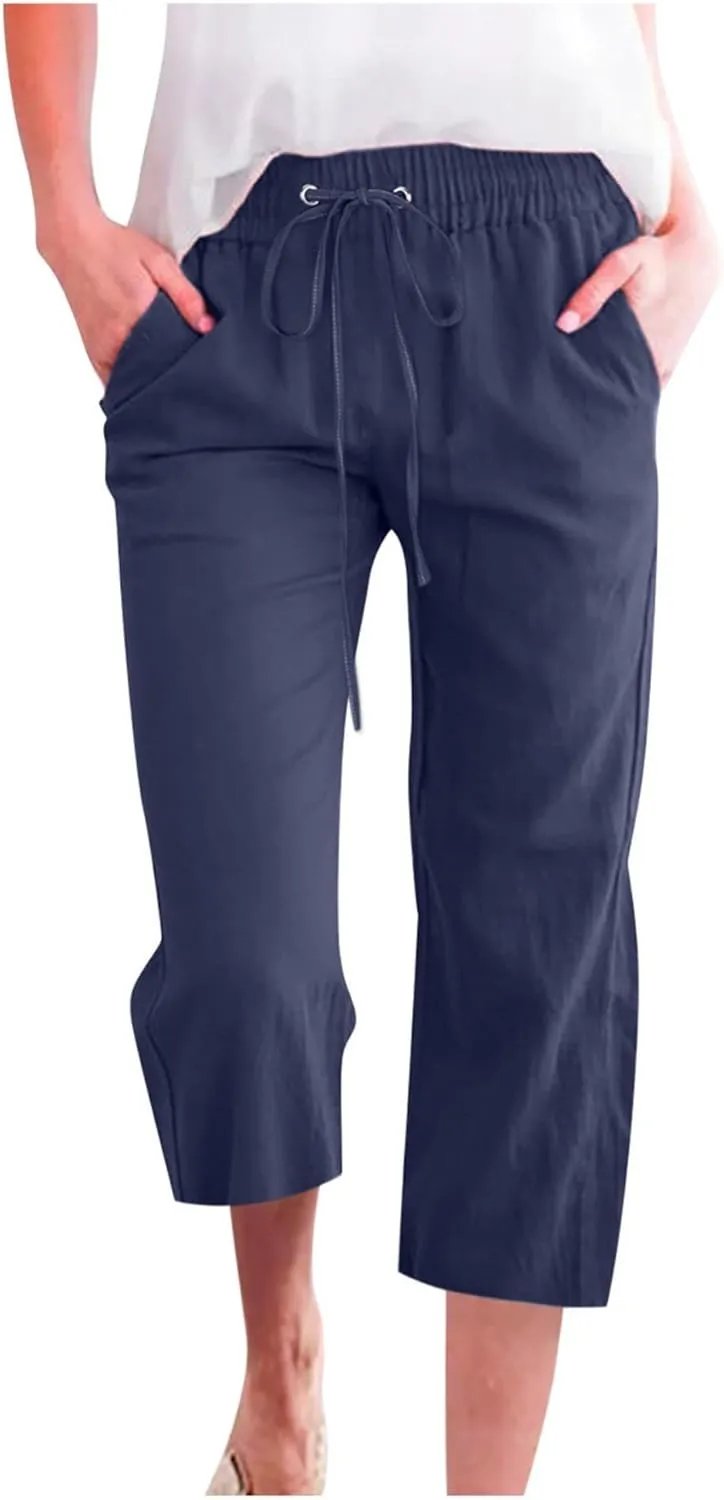 Capri Pants for Women Cotton Linen Casual Summer Wide Leg Loose Drawstring Elastic Waist Cropped Beach Vacation Clothes