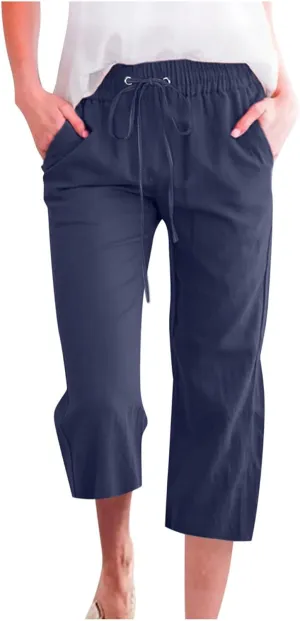 Capri Pants for Women Cotton Linen Casual Summer Wide Leg Loose Drawstring Elastic Waist Cropped Beach Vacation Clothes