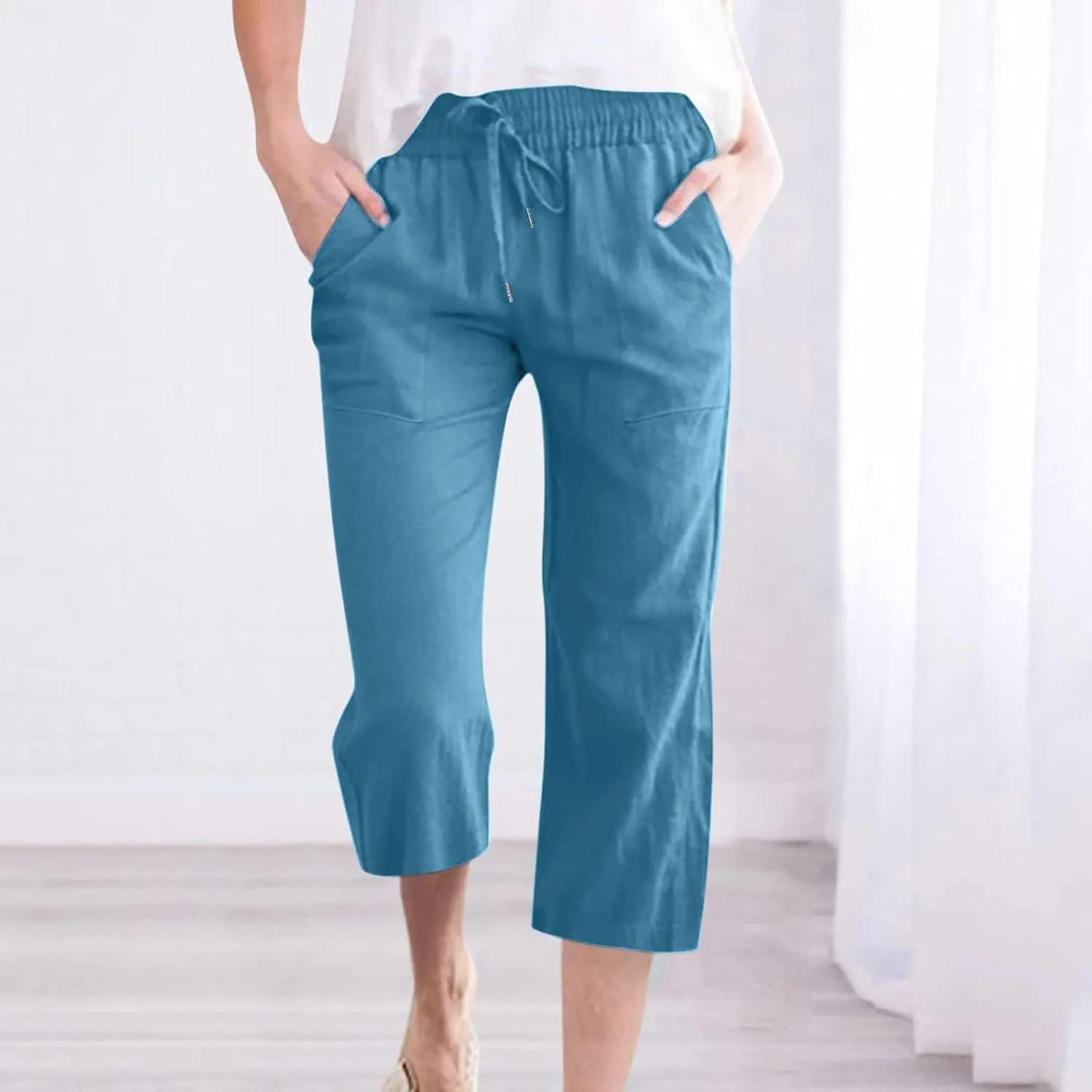 Capri Pants for Women Summer Linen Pants Drawstring Waisted Casual Loose Wide Leg Trousers Cropped Pants with Pockets