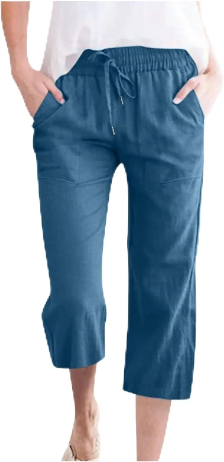 Capri Pants for Women Summer Linen Pants Drawstring Waisted Casual Loose Wide Leg Trousers Cropped Pants with Pockets