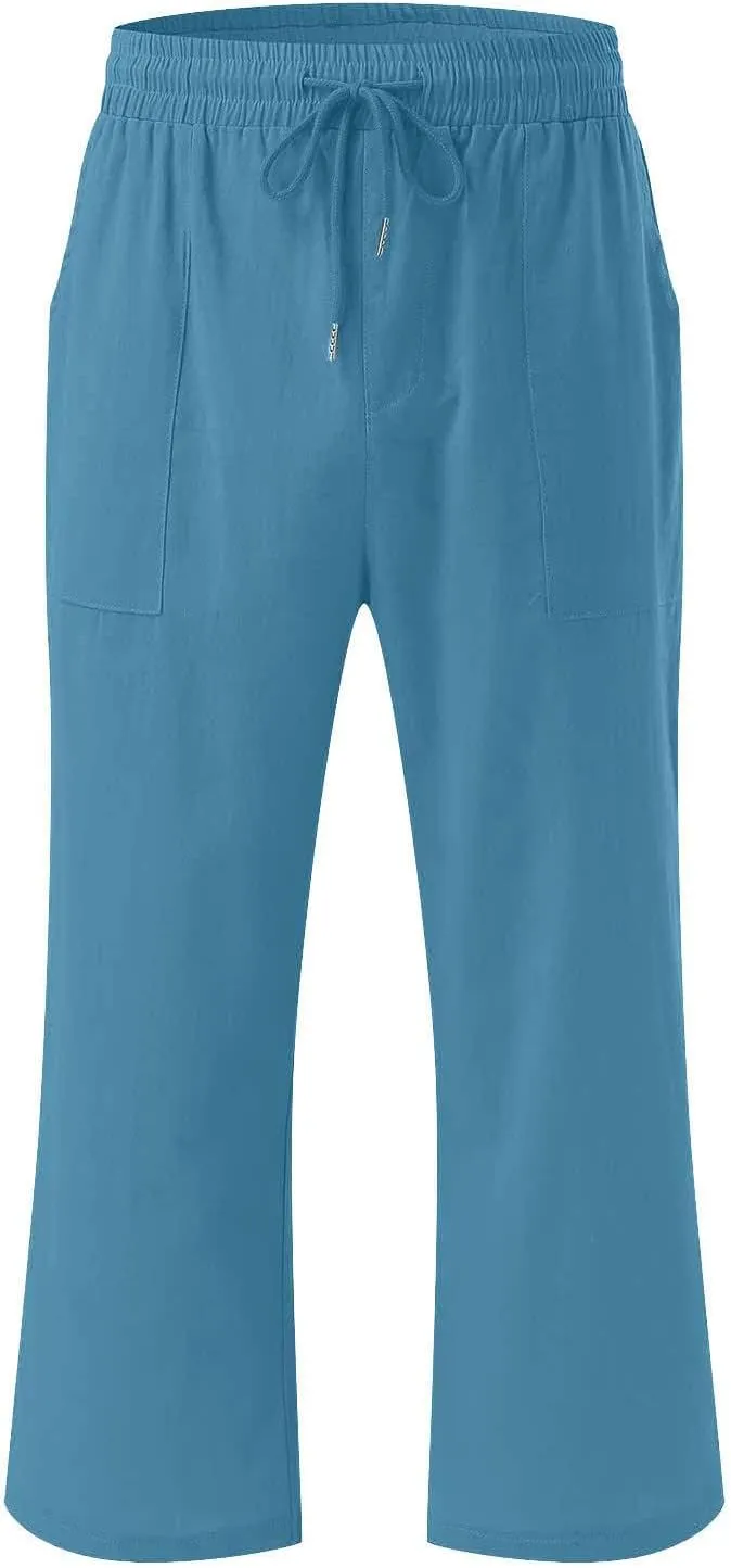 Capri Pants for Women Summer Linen Pants Drawstring Waisted Casual Loose Wide Leg Trousers Cropped Pants with Pockets