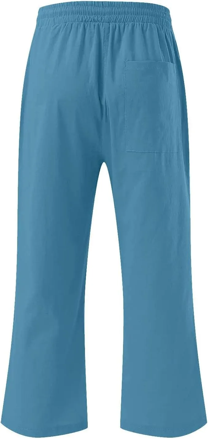 Capri Pants for Women Summer Linen Pants Drawstring Waisted Casual Loose Wide Leg Trousers Cropped Pants with Pockets