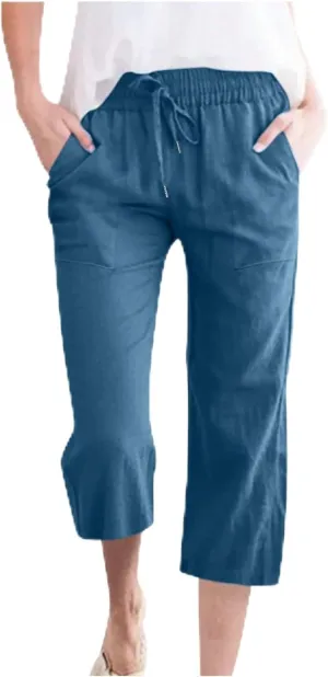 Capri Pants for Women Summer Linen Pants Drawstring Waisted Casual Loose Wide Leg Trousers Cropped Pants with Pockets