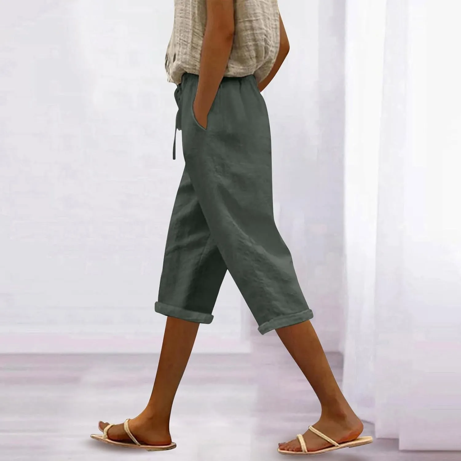 Capri Pants for Women,Striped Pant Linen Capris for Women Summer Wide Leg Loose Drawstring Elastic Waist Trouser