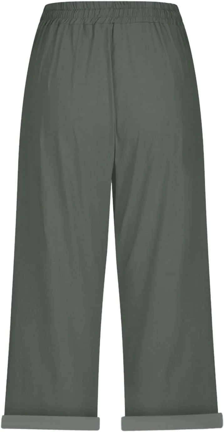 Capri Pants for Women,Striped Pant Linen Capris for Women Summer Wide Leg Loose Drawstring Elastic Waist Trouser