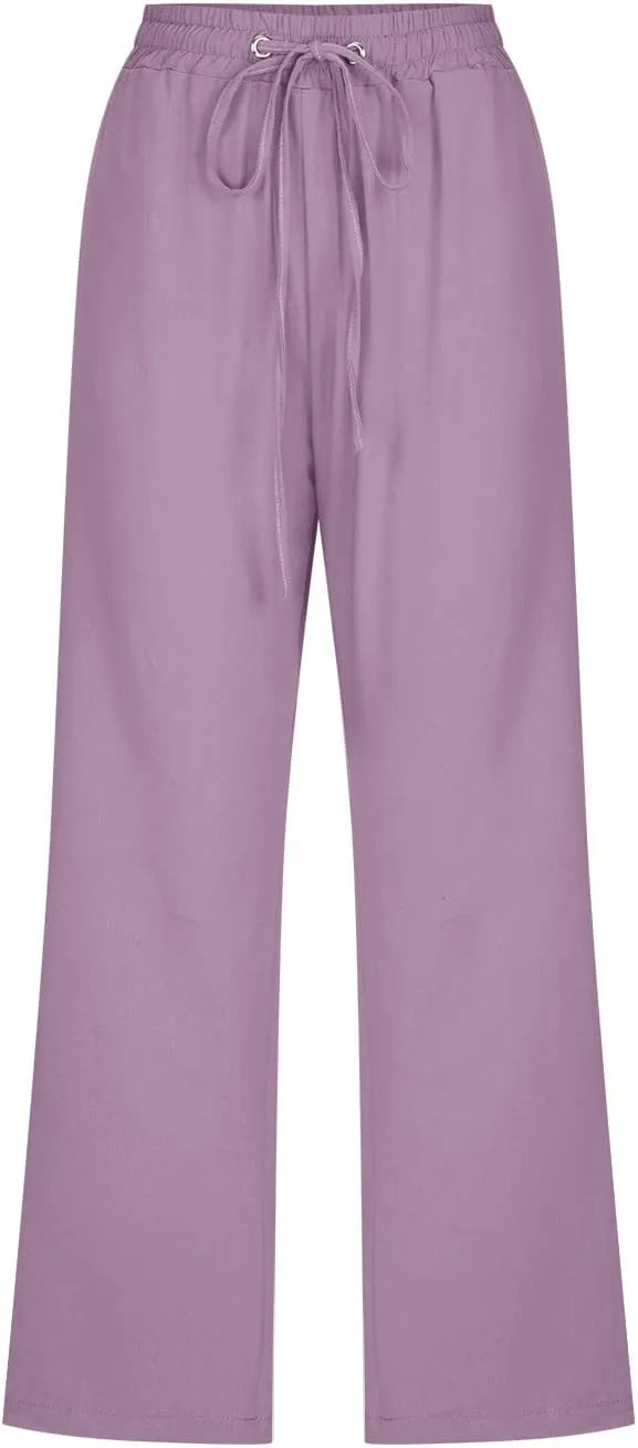 Capri Pants Women Drawstring Linen Pant Elastic Waist Straight Wide Leg Cropped Pants Loose Casual Trousers