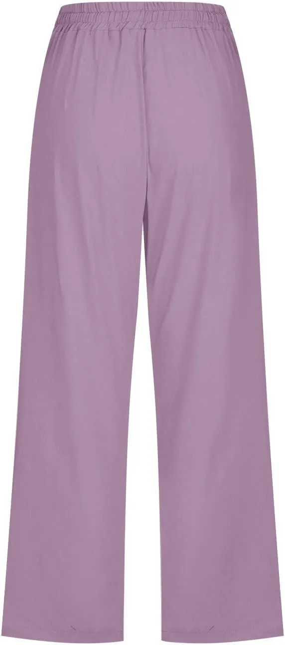 Capri Pants Women Drawstring Linen Pant Elastic Waist Straight Wide Leg Cropped Pants Loose Casual Trousers