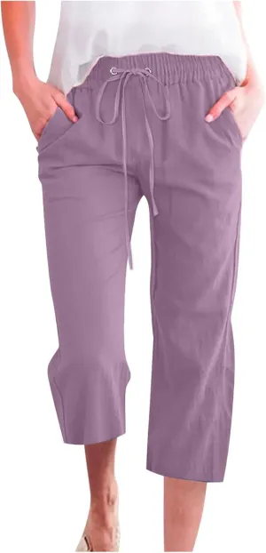 Capri Pants Women Drawstring Linen Pant Elastic Waist Straight Wide Leg Cropped Pants Loose Casual Trousers