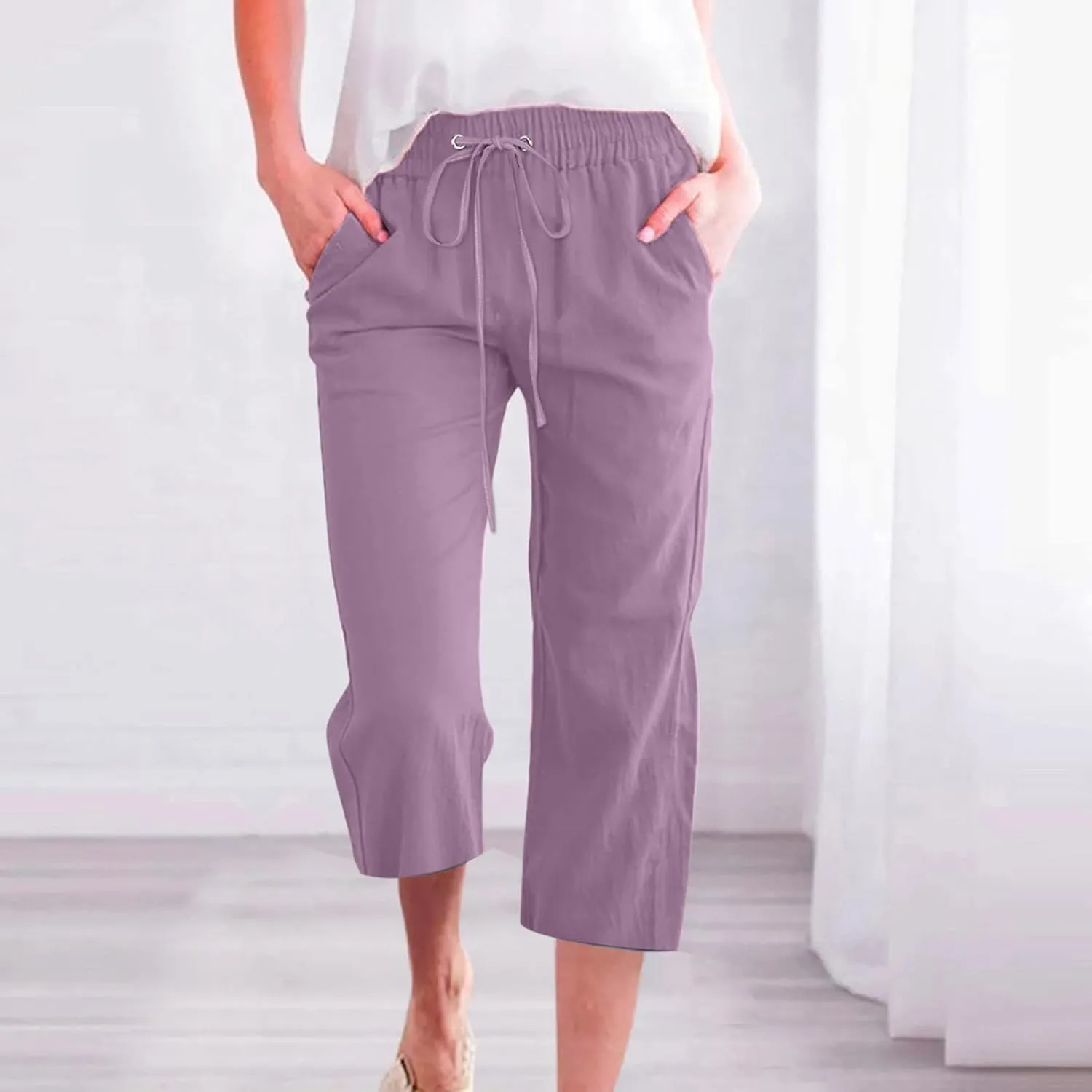 Capri Pants Women Drawstring Linen Pant Elastic Waist Straight Wide Leg Cropped Pants Loose Casual Trousers