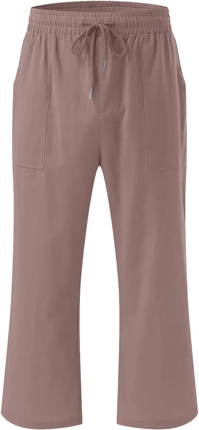 Capris Pants for Women Cotton Linen Casual Summer 2025 Drawstring Elastic Waist Straight Cropped Trouser with Pockets