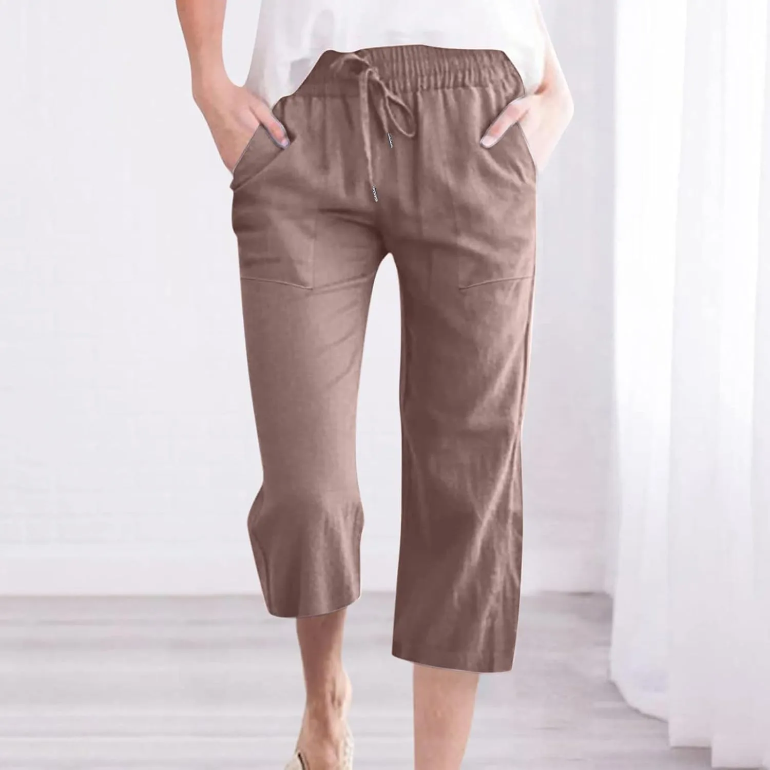 Capris Pants for Women Cotton Linen Casual Summer 2025 Drawstring Elastic Waist Straight Cropped Trouser with Pockets