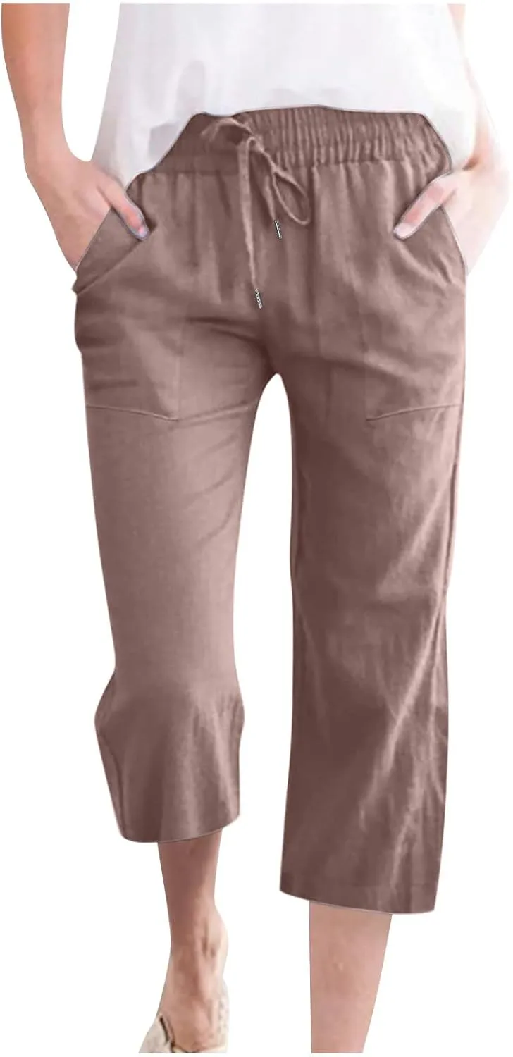 Capris Pants for Women Cotton Linen Casual Summer 2025 Drawstring Elastic Waist Straight Cropped Trouser with Pockets