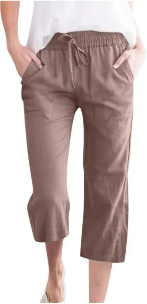Capris Pants for Women Cotton Linen Casual Summer 2025 Drawstring Elastic Waist Straight Cropped Trouser with Pockets
