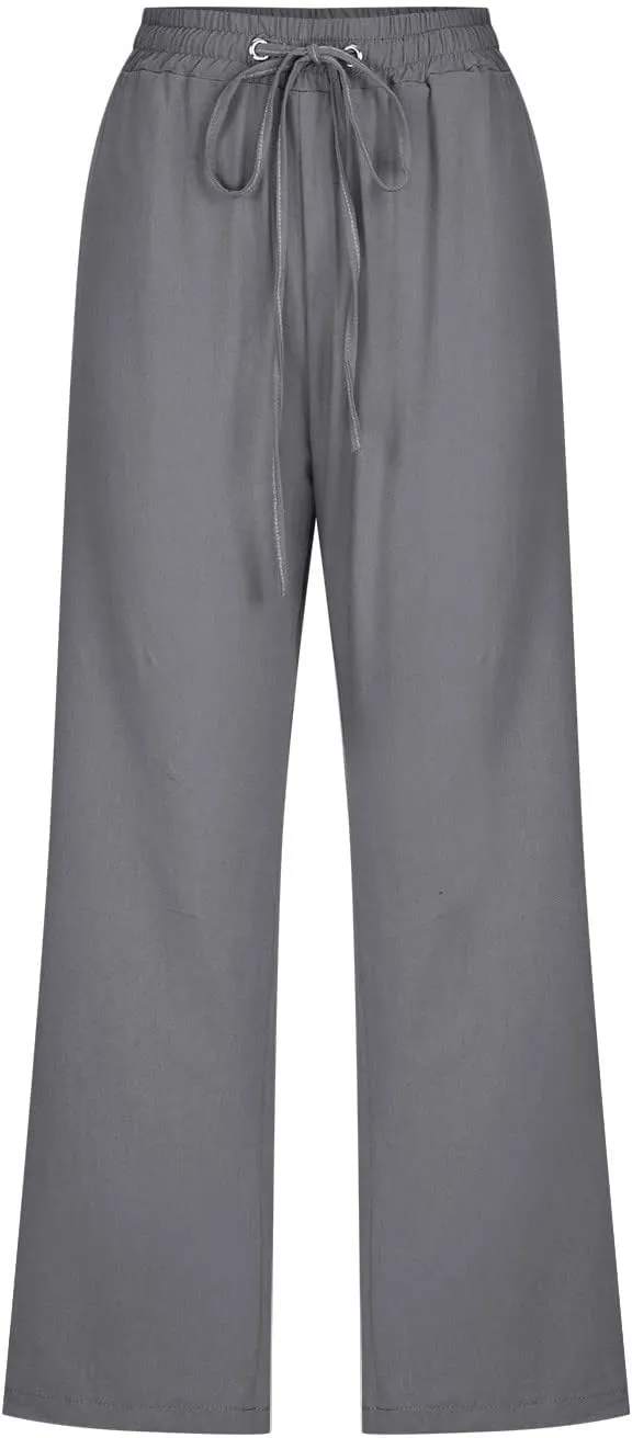 Capris Pants for Women Summer 2025 Plus Size Cotton Linen Pants Straight Leg Drawstring Elastic Waist Cropped Trouser