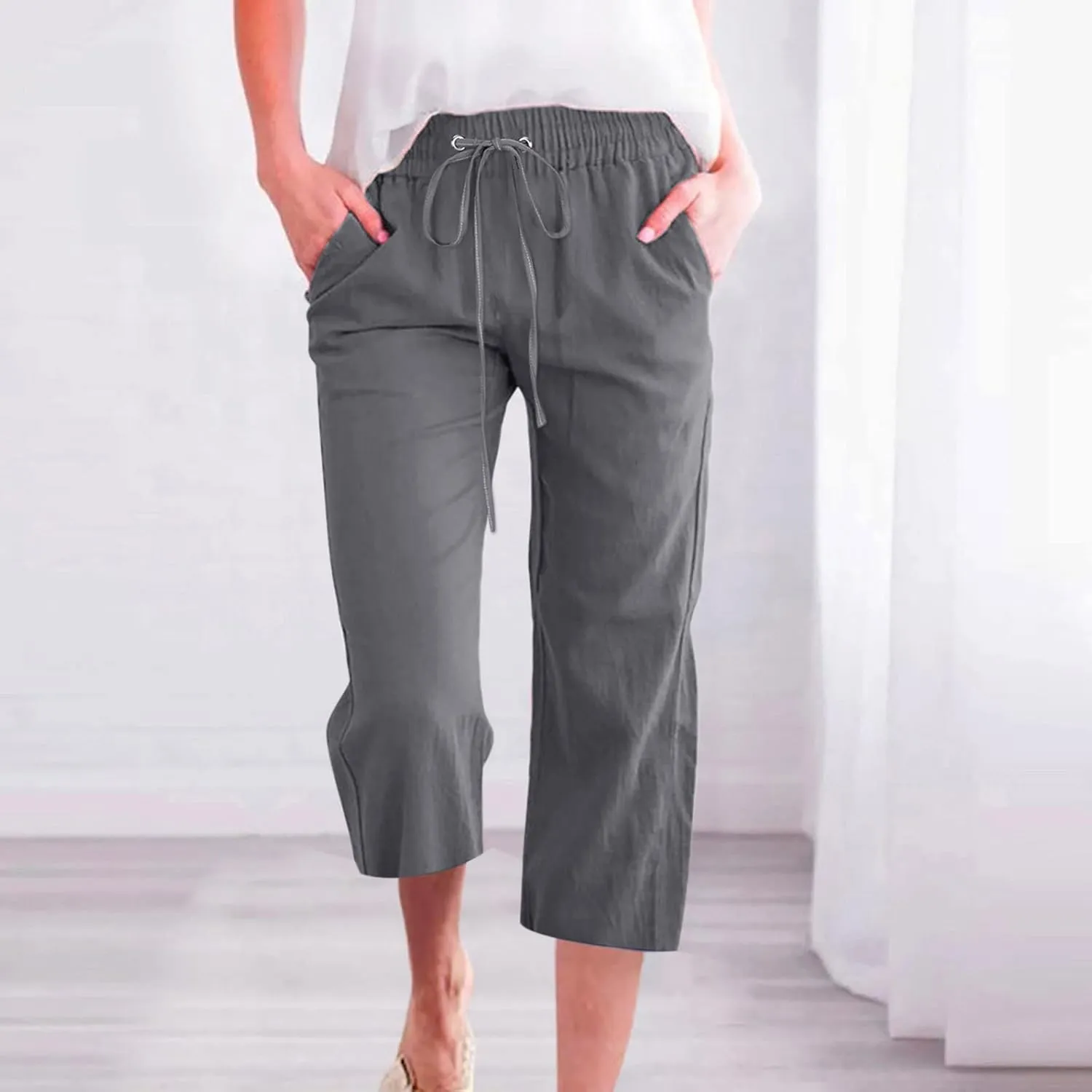 Capris Pants for Women Summer 2025 Plus Size Cotton Linen Pants Straight Leg Drawstring Elastic Waist Cropped Trouser