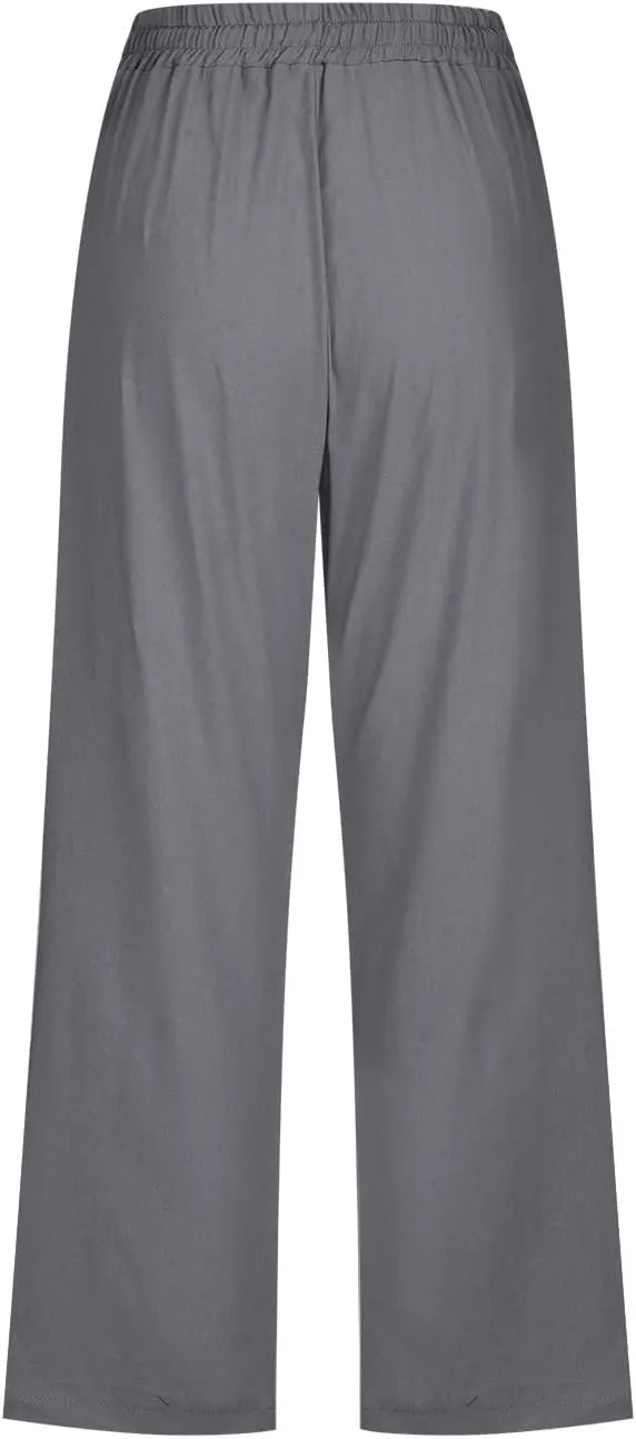 Capris Pants for Women Summer 2025 Plus Size Cotton Linen Pants Straight Leg Drawstring Elastic Waist Cropped Trouser