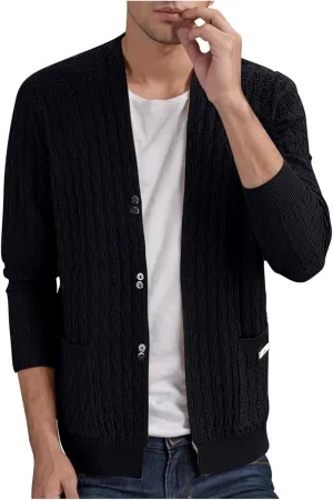 Cardigan Sweaters for Men Ribbed Knit Sweater Button Down Open Front Cardigan Casual Outwear V Neck Jacket with Pockets